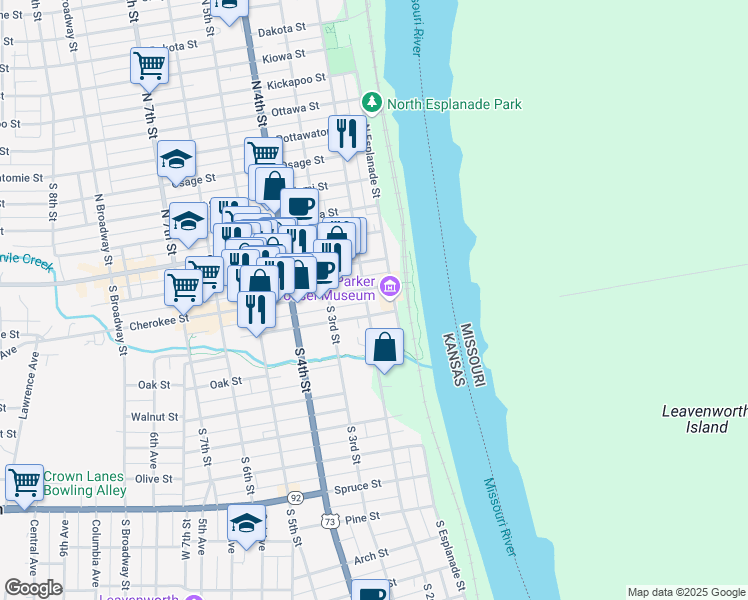 map of restaurants, bars, coffee shops, grocery stores, and more near 120 Cherokee Street in Leavenworth