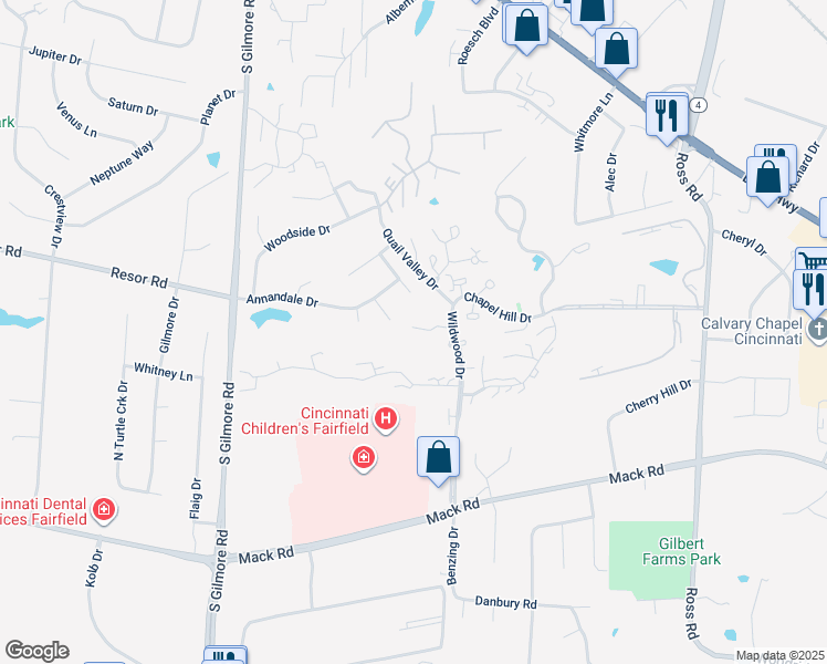map of restaurants, bars, coffee shops, grocery stores, and more near 4 Brushback Court in Fairfield