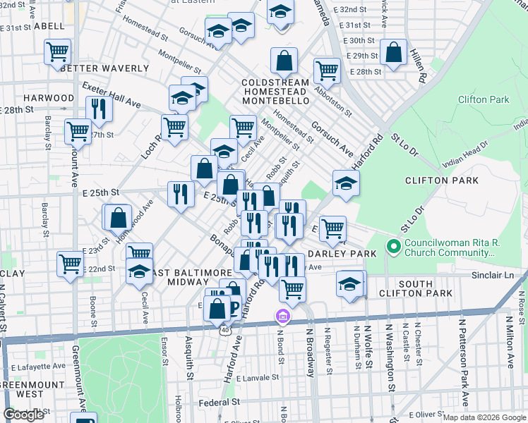 map of restaurants, bars, coffee shops, grocery stores, and more near 2511 North Aisquith Street in Baltimore
