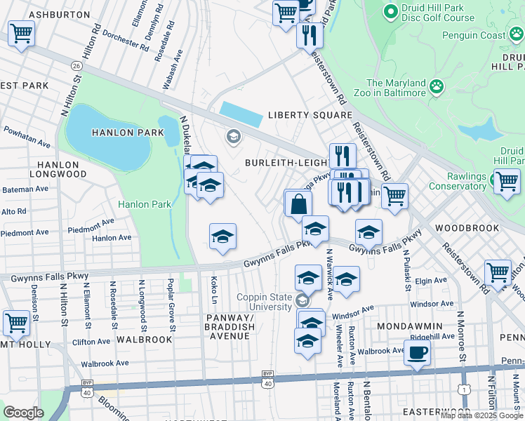 map of restaurants, bars, coffee shops, grocery stores, and more near 2601 Fairview Avenue in Baltimore