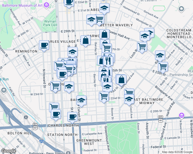 map of restaurants, bars, coffee shops, grocery stores, and more near 2449 Barclay Street in Baltimore