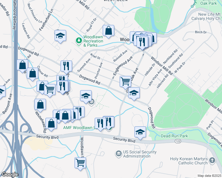 map of restaurants, bars, coffee shops, grocery stores, and more near 6521 Dogwood Road in Woodlawn