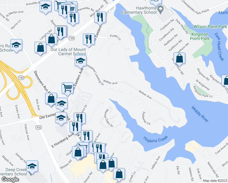 map of restaurants, bars, coffee shops, grocery stores, and more near 367 Hopkins Landing Drive in Essex