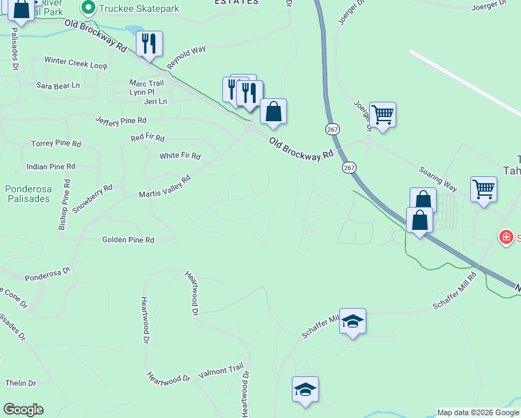 map of restaurants, bars, coffee shops, grocery stores, and more near 10165 Columbine Road in Truckee