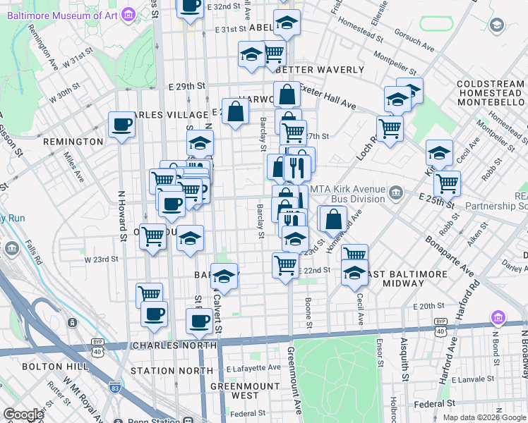 map of restaurants, bars, coffee shops, grocery stores, and more near 2449 Barclay Street in Baltimore