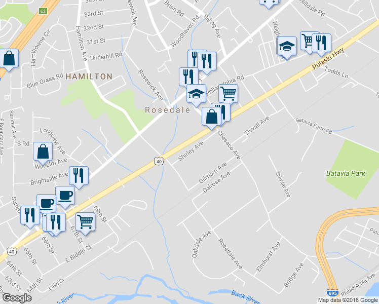 map of restaurants, bars, coffee shops, grocery stores, and more near 7943 Shirley Avenue in Rosedale