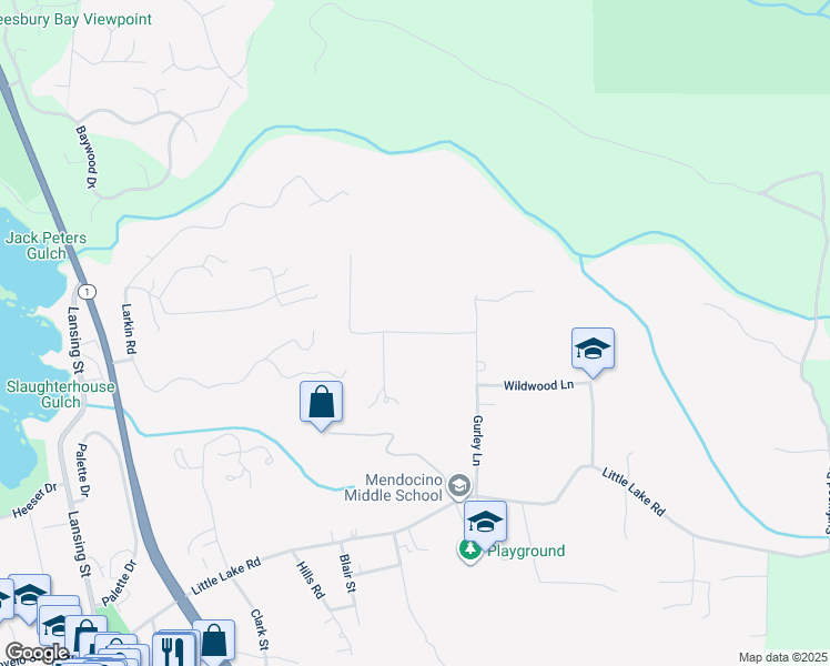 map of restaurants, bars, coffee shops, grocery stores, and more near Law Road in Mendocino