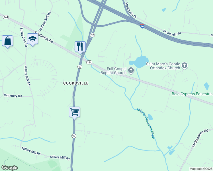 map of restaurants, bars, coffee shops, grocery stores, and more near 14439 Frederick Road in Cooksville