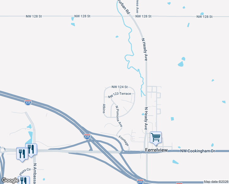 map of restaurants, bars, coffee shops, grocery stores, and more near 7814 Northwest 123 Terrace in Kansas City