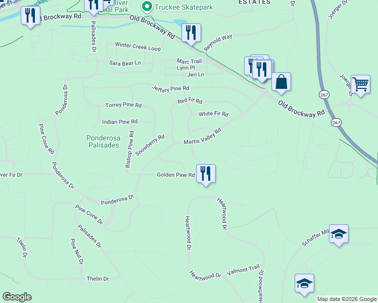 map of restaurants, bars, coffee shops, grocery stores, and more near 10438 Martis Valley Road in Truckee