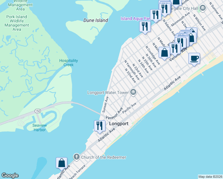 map of restaurants, bars, coffee shops, grocery stores, and more near 2945 Sunset Avenue in Longport
