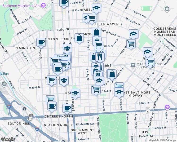 map of restaurants, bars, coffee shops, grocery stores, and more near 2453 Barclay Street in Baltimore