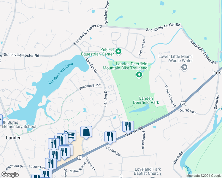 map of restaurants, bars, coffee shops, grocery stores, and more near 2547 South Harbor Drive in Maineville