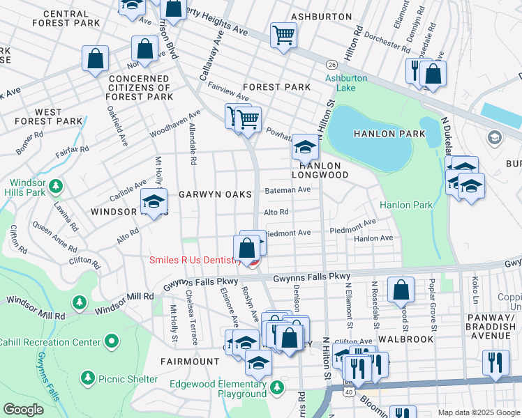 map of restaurants, bars, coffee shops, grocery stores, and more near 2601 Garrison Boulevard in Baltimore
