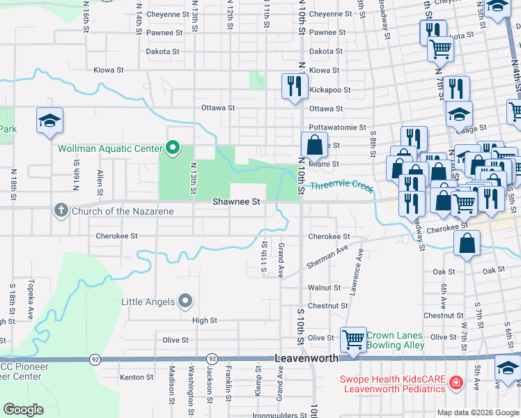 map of restaurants, bars, coffee shops, grocery stores, and more near 1108 Shawnee Street in Leavenworth