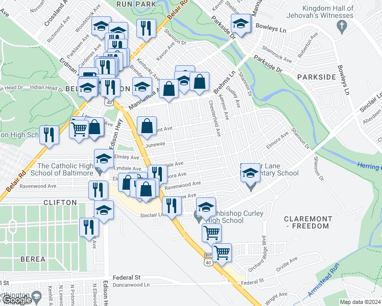 map of restaurants, bars, coffee shops, grocery stores, and more near 3737 Elmley Avenue in Baltimore
