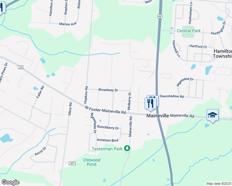 map of restaurants, bars, coffee shops, grocery stores, and more near 294 Broadway Street in Maineville