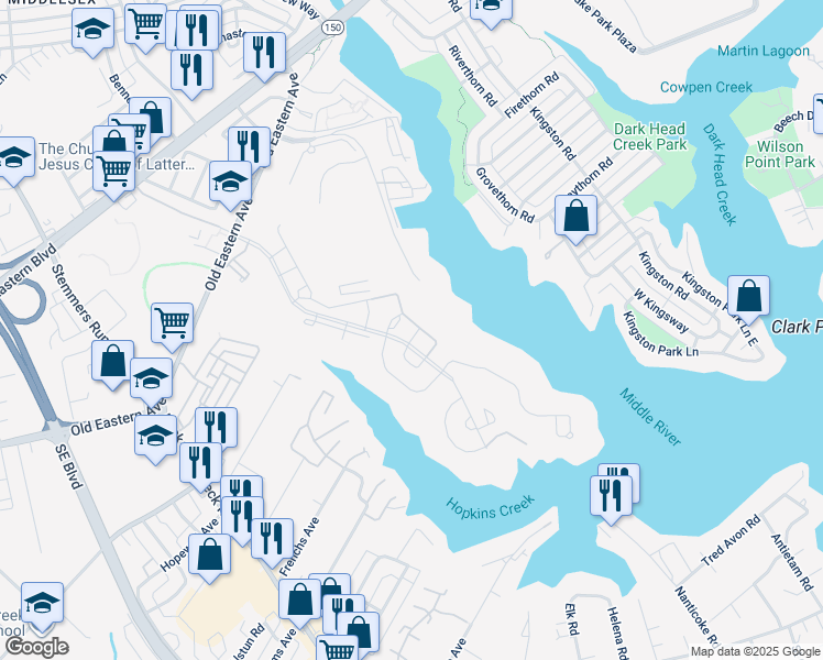 map of restaurants, bars, coffee shops, grocery stores, and more near 1806 Watermark Way in Essex