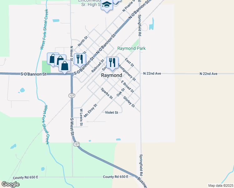 map of restaurants, bars, coffee shops, grocery stores, and more near 206 Oak Street in Raymond