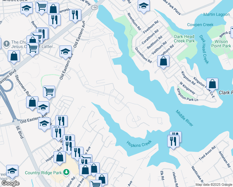 map of restaurants, bars, coffee shops, grocery stores, and more near 1806 Watermark Way in Essex