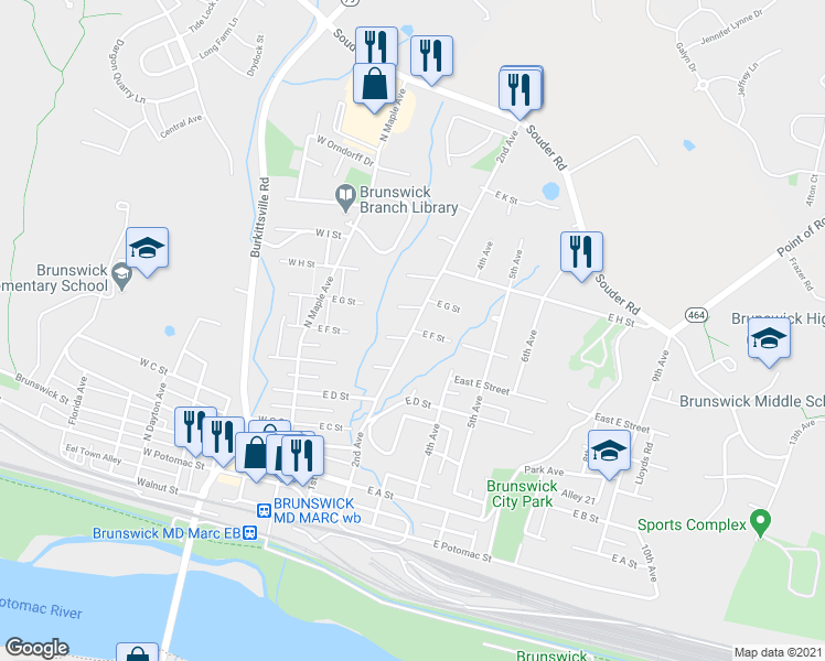 map of restaurants, bars, coffee shops, grocery stores, and more near 2nd Avenue in Brunswick