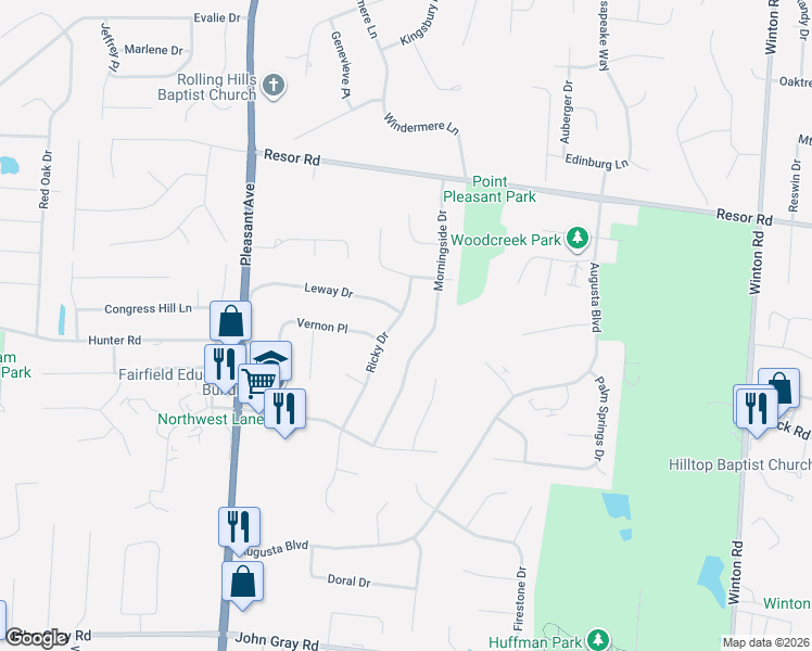 map of restaurants, bars, coffee shops, grocery stores, and more near 5962 Ricky Drive in Fairfield