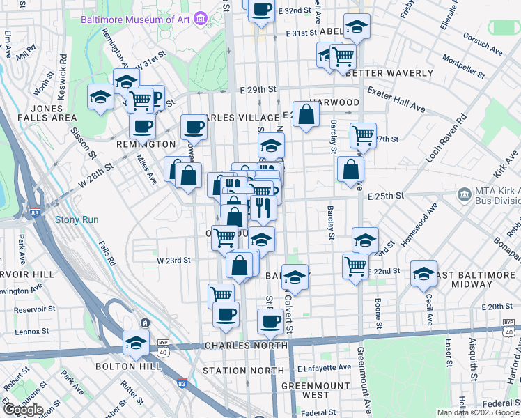 map of restaurants, bars, coffee shops, grocery stores, and more near 2440 St Paul St in Baltimore
