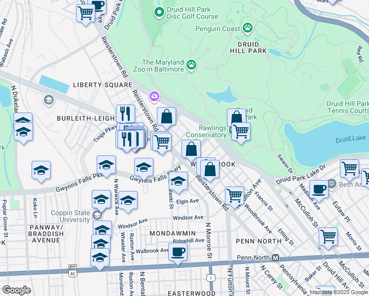 map of restaurants, bars, coffee shops, grocery stores, and more near 3400 Woodbrook Avenue in Baltimore