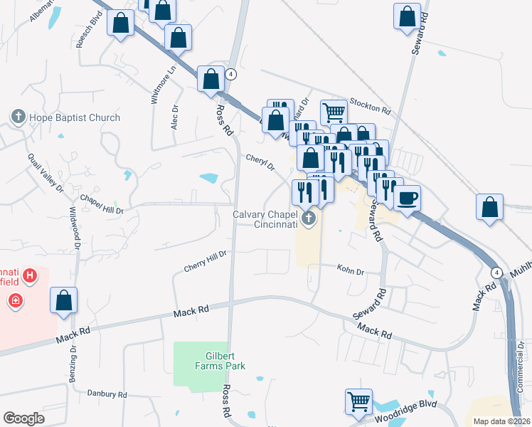 map of restaurants, bars, coffee shops, grocery stores, and more near 5921 Janice Drive in Fairfield
