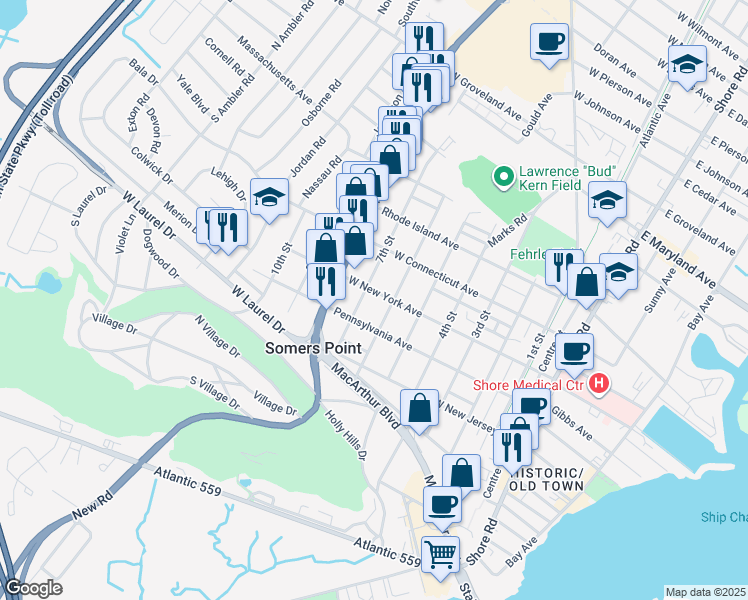 map of restaurants, bars, coffee shops, grocery stores, and more near 615 West New York Avenue in Somers Point