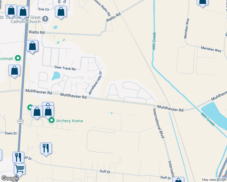 map of restaurants, bars, coffee shops, grocery stores, and more near 9500 Triangle Drive in Butler County