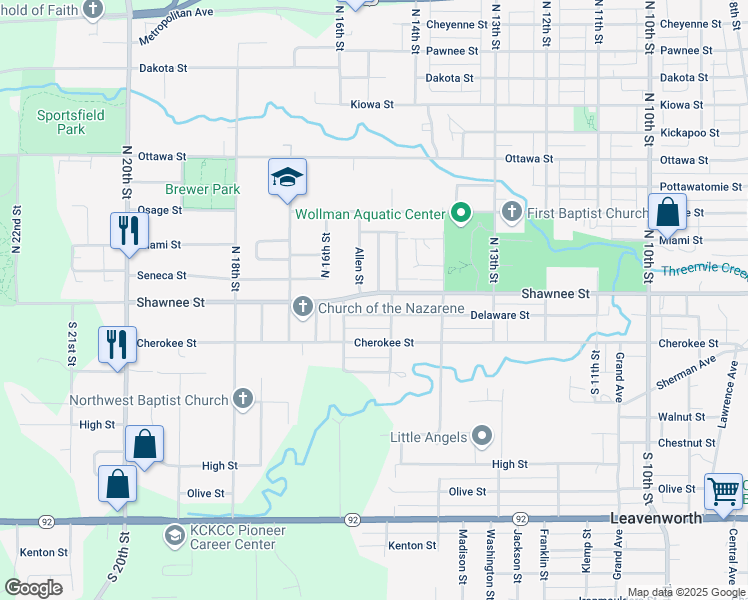 map of restaurants, bars, coffee shops, grocery stores, and more near 1500 Shawnee Street in Leavenworth