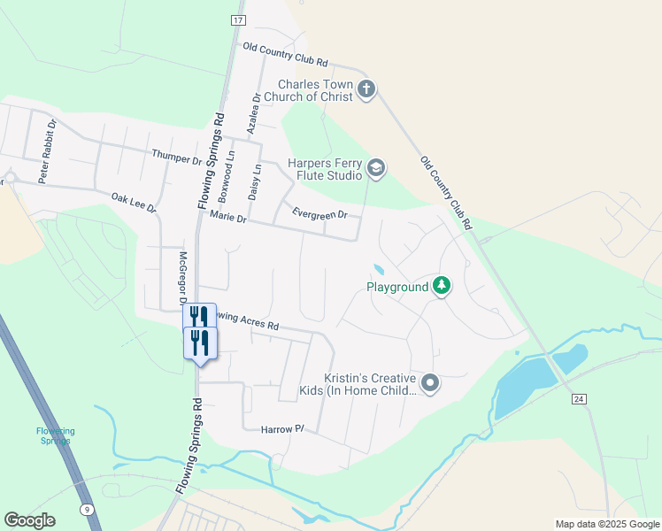 map of restaurants, bars, coffee shops, grocery stores, and more near 136 John's Court in Charles Town