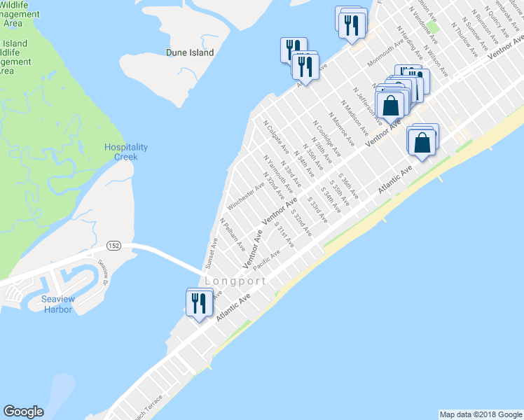 map of restaurants, bars, coffee shops, grocery stores, and more near 8 North 31st Avenue in Longport