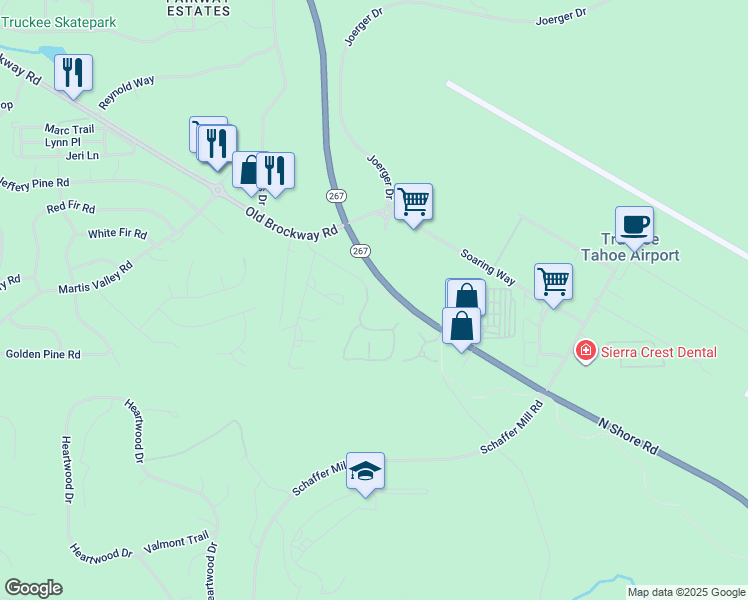 map of restaurants, bars, coffee shops, grocery stores, and more near 11703 Hope Court in Truckee