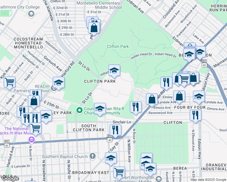 map of restaurants, bars, coffee shops, grocery stores, and more near 2801 Saint Lo Drive in Baltimore