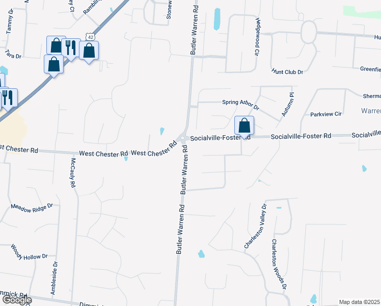 map of restaurants, bars, coffee shops, grocery stores, and more near 8270 Butler Warren Road in Mason