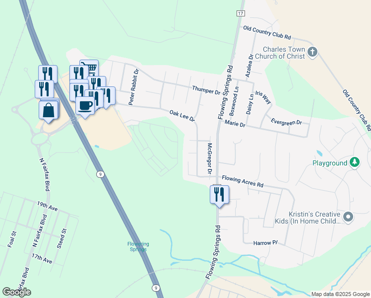 map of restaurants, bars, coffee shops, grocery stores, and more near 36 Roger Court in Ranson