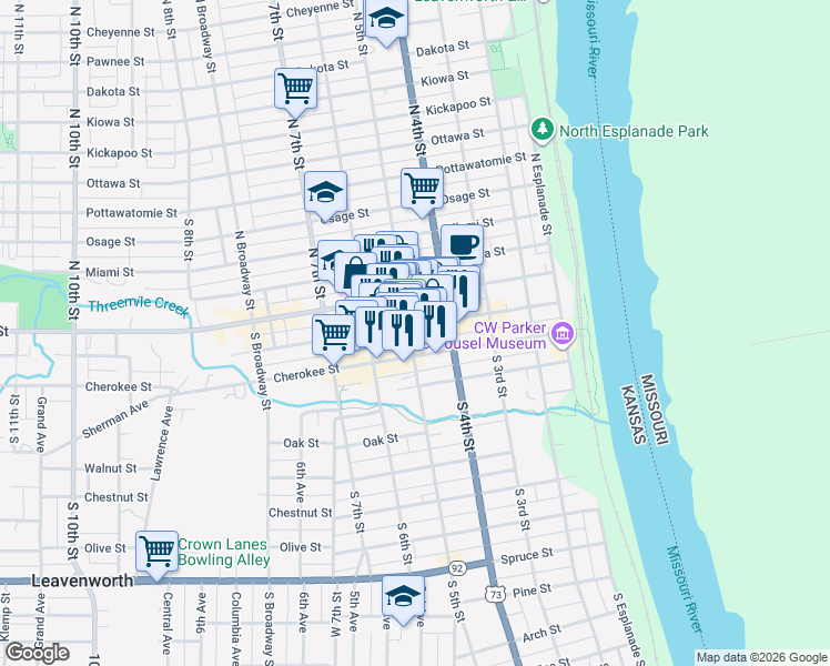 map of restaurants, bars, coffee shops, grocery stores, and more near 205 South 5th Street in Leavenworth