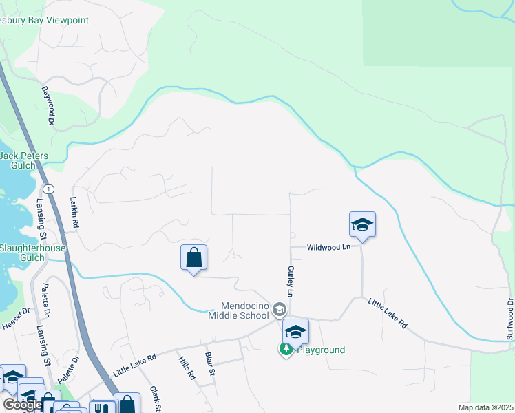 map of restaurants, bars, coffee shops, grocery stores, and more near Law Road in Mendocino