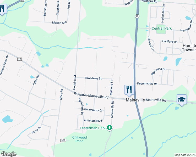 map of restaurants, bars, coffee shops, grocery stores, and more near 294 Broadway Street in Maineville