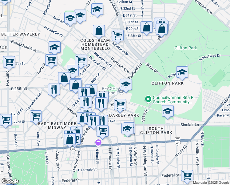 map of restaurants, bars, coffee shops, grocery stores, and more near 2506 Harford Road in Baltimore