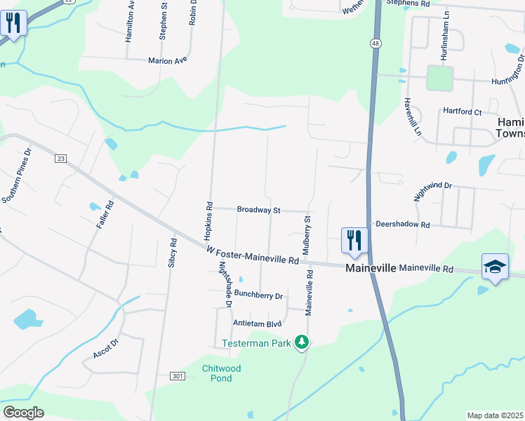 map of restaurants, bars, coffee shops, grocery stores, and more near 338 Broadway Street in Maineville