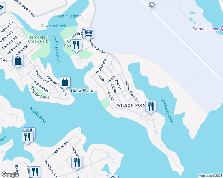 map of restaurants, bars, coffee shops, grocery stores, and more near 1310 3rd Road in Middle River