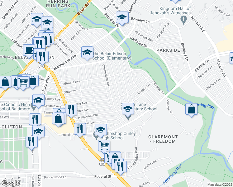 map of restaurants, bars, coffee shops, grocery stores, and more near 3685 Kenyon Avenue in Baltimore