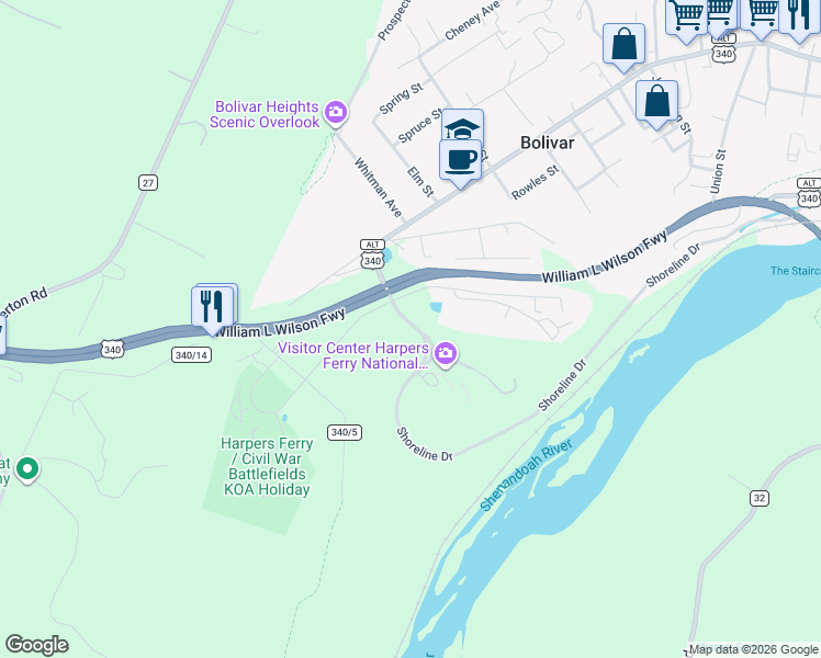 map of restaurants, bars, coffee shops, grocery stores, and more near 171 Shoreline Drive in Harpers Ferry