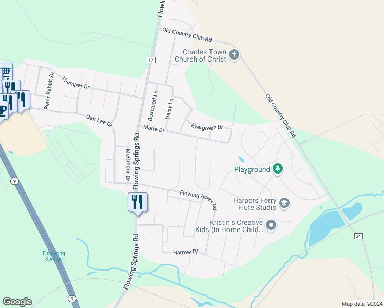 map of restaurants, bars, coffee shops, grocery stores, and more near 74 Porter Way in Charles Town