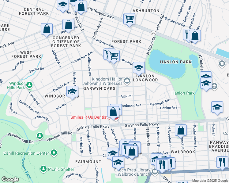 map of restaurants, bars, coffee shops, grocery stores, and more near 2606 Garrison Boulevard in Baltimore