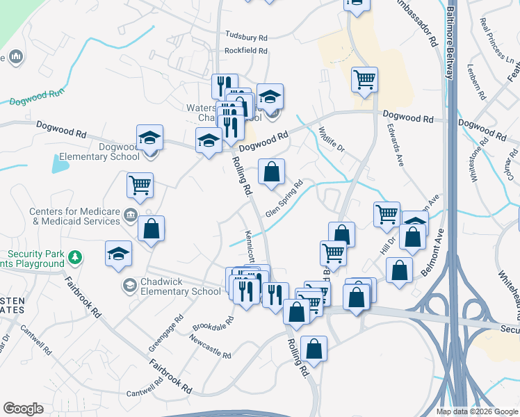 map of restaurants, bars, coffee shops, grocery stores, and more near 2103 Rolling Road in Woodlawn
