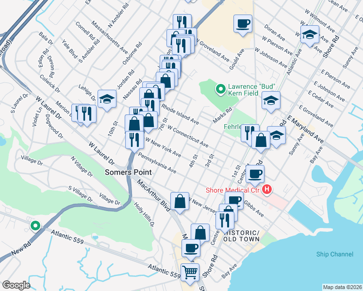 map of restaurants, bars, coffee shops, grocery stores, and more near 657 5th Street in Somers Point